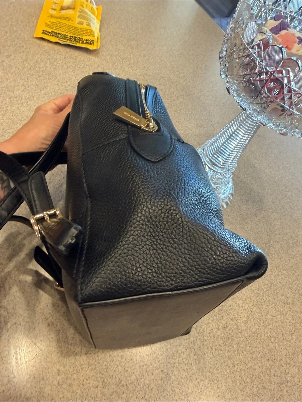 Michael Kors Black Pebbled Leather Backpack with Gold Accents